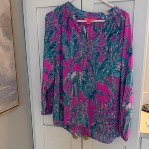 Lilly Pulitzer Pink and Blue Leaf Print Blouse